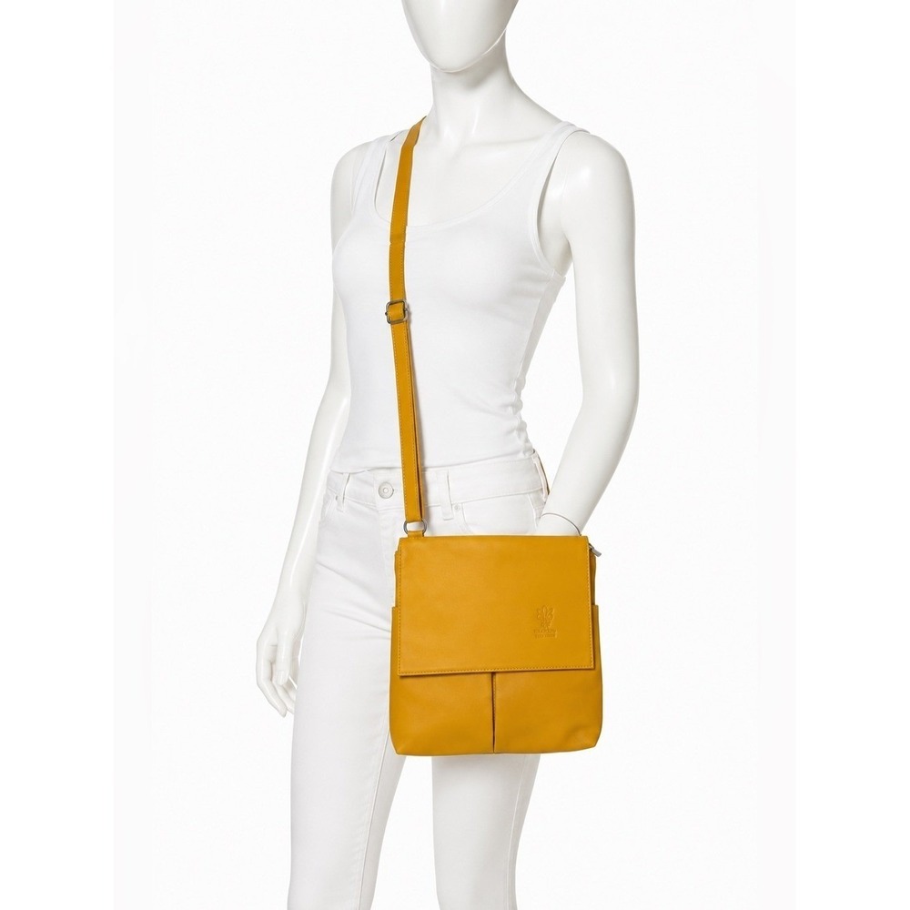 Genuine Italian Leather Mustard Yellow Crossbody Bag Multi Pocket Travel